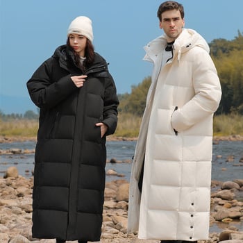 Dugački kaput od guščjeg perja, unisex, kapuljača, oversize, zimski stil 2026