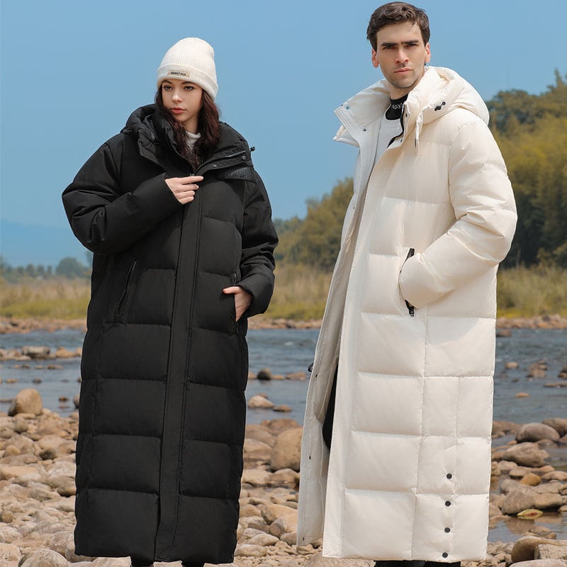 Dugački kaput od guščjeg perja, unisex, kapuljača, oversize, zimski stil 2026