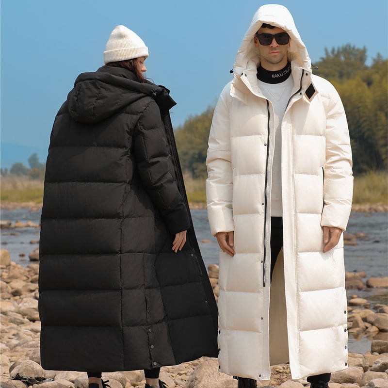 Dugački kaput od guščjeg perja, unisex, kapuljača, oversize, zimski stil 2026