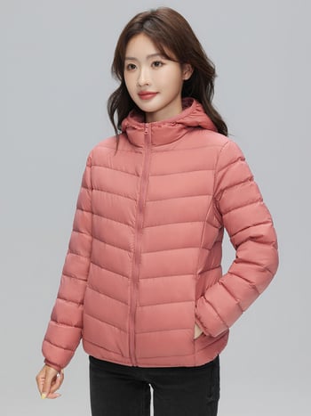 Geacă de puf cu glugă, stil coreean, croială slim, țesătură din nylon subțire (umplutură din puf de rață; conținut de cașmir 86–90%; țesătură nylon; iarnă 2025; croială standard)