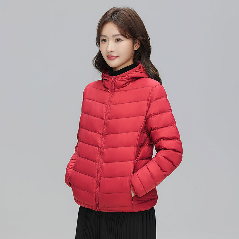 Geacă de puf cu glugă, stil coreean, croială slim, țesătură din nylon subțire (umplutură din puf de rață; conținut de cașmir 86–90%; țesătură nylon; iarnă 2025; croială standard)