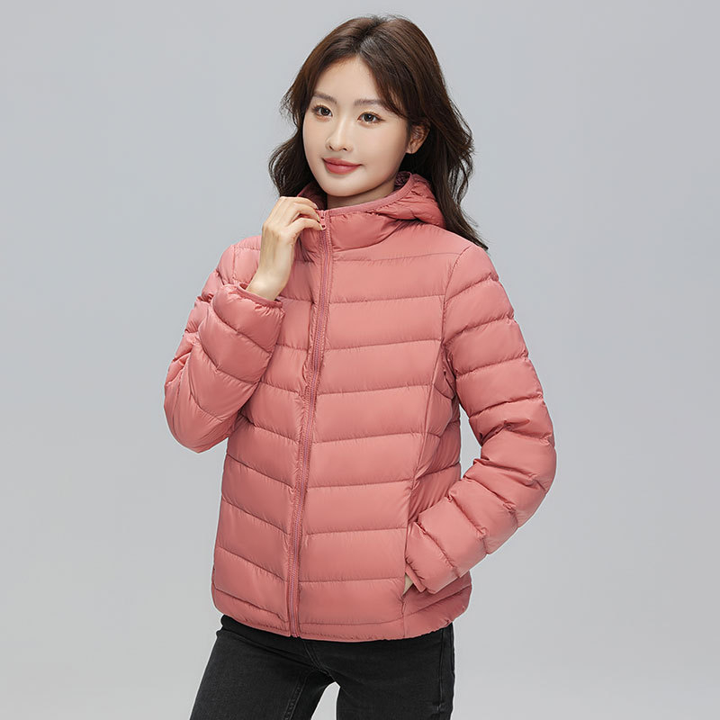 Geacă de puf cu glugă, stil coreean, croială slim, țesătură din nylon subțire (umplutură din puf de rață; conținut de cașmir 86–90%; țesătură nylon; iarnă 2025; croială standard)