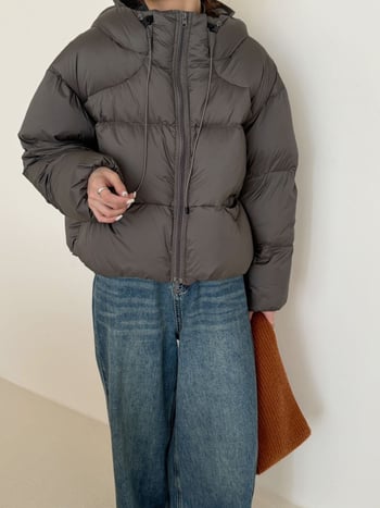 Geacă de puf cu glugă, umplutură din puf de rață 201–300 g, conținut de puf 91–95%, gros, țesătură poliester, lungime normală, femei, stil britanic, toamnă 2025