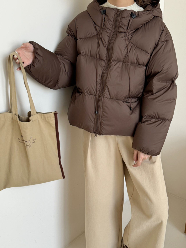 Geacă de puf cu glugă, umplutură din puf de rață 201–300 g, conținut de puf 91–95%, gros, țesătură poliester, lungime normală, femei, stil britanic, toamnă 2025