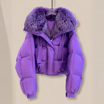 Sieviešu ziemas pūka jaka ar noņemamu mākslīgās kažokādas apkakli, pildījums no balto pīļu pūka, kašmira saturs 96%+, kokvilnas audums