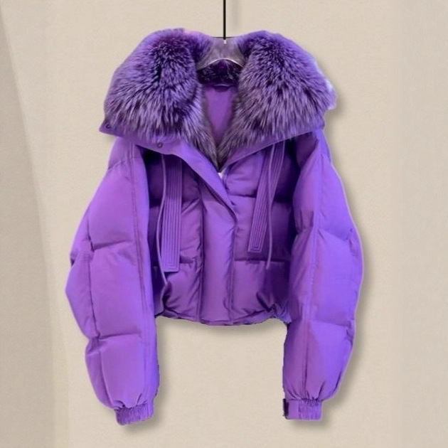 Sieviešu ziemas pūka jaka ar noņemamu mākslīgās kažokādas apkakli, pildījums no balto pīļu pūka, kašmira saturs 96%+, kokvilnas audums