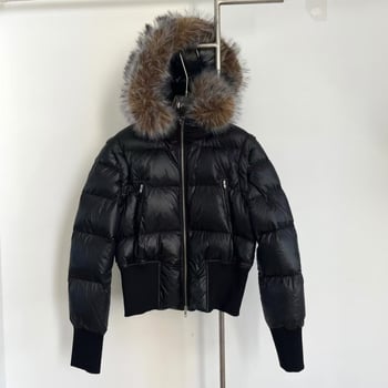 Női téli dzseki pardupuhával, levehető műszőrmés gallérral, kapucnival, cipzárral, 85–90% pehelytartalom