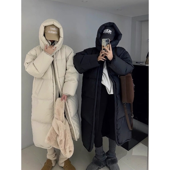 Женско екстра-дълго пухено яке, над коляното, качулка, дебел пълнеж, свободна кройка