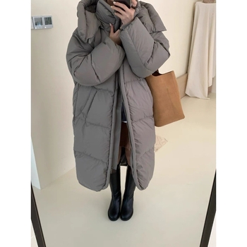 Женско екстра-дълго пухено яке, над коляното, качулка, дебел пълнеж, свободна кройка