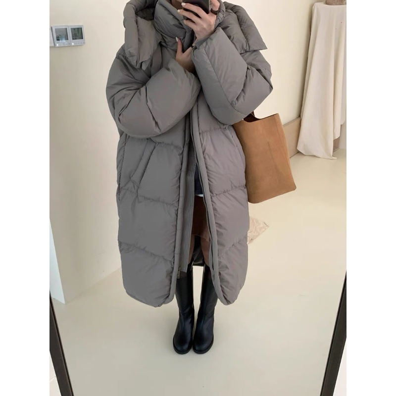 Женско екстра-дълго пухено яке, над коляното, качулка, дебел пълнеж, свободна кройка