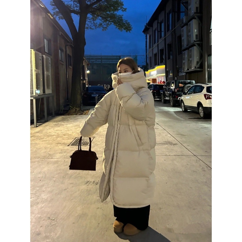 Женско екстра-дълго пухено яке, над коляното, качулка, дебел пълнеж, свободна кройка