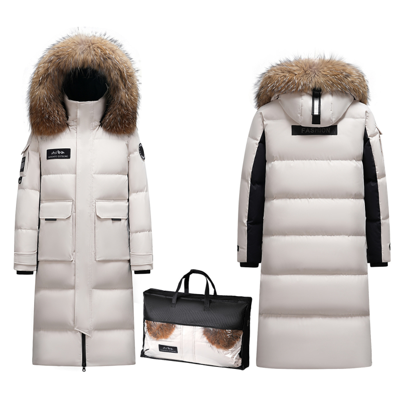 Geacă de puf pentru frig extrem, cu glugă și guler din blană, 50% puf de gâscă, umplutură 600, protecție de la -30°C la -15°C