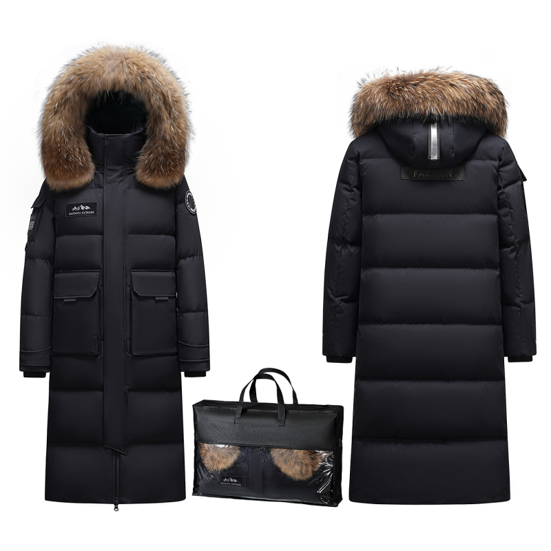 Geacă de puf pentru frig extrem, cu glugă și guler din blană, 50% puf de gâscă, umplutură 600, protecție de la -30°C la -15°C