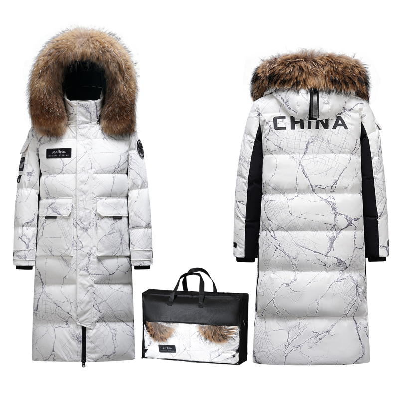 Geacă de puf pentru frig extrem, cu glugă și guler din blană, 50% puf de gâscă, umplutură 600, protecție de la -30°C la -15°C