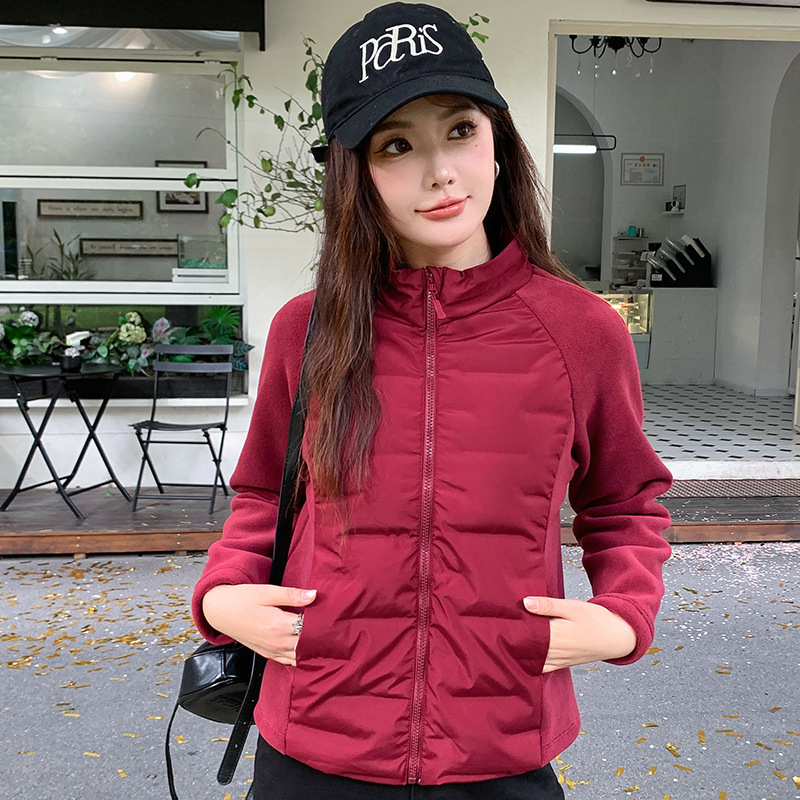 Ženska jakna s puhom 91–95% perja, 201–300 g punjenja, slim fit, stojeći ovratnik, zatvarač, Oli Velvet tkanina, minimalistički japansko-korejski stil, zima 2025