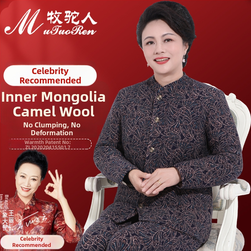 Kamelės plaukų kailio švarko su medvilnės užpildais, fleece pamušalas, vidutinio ilgio, spalvų blokų raštas, elegantiškas retro stilius