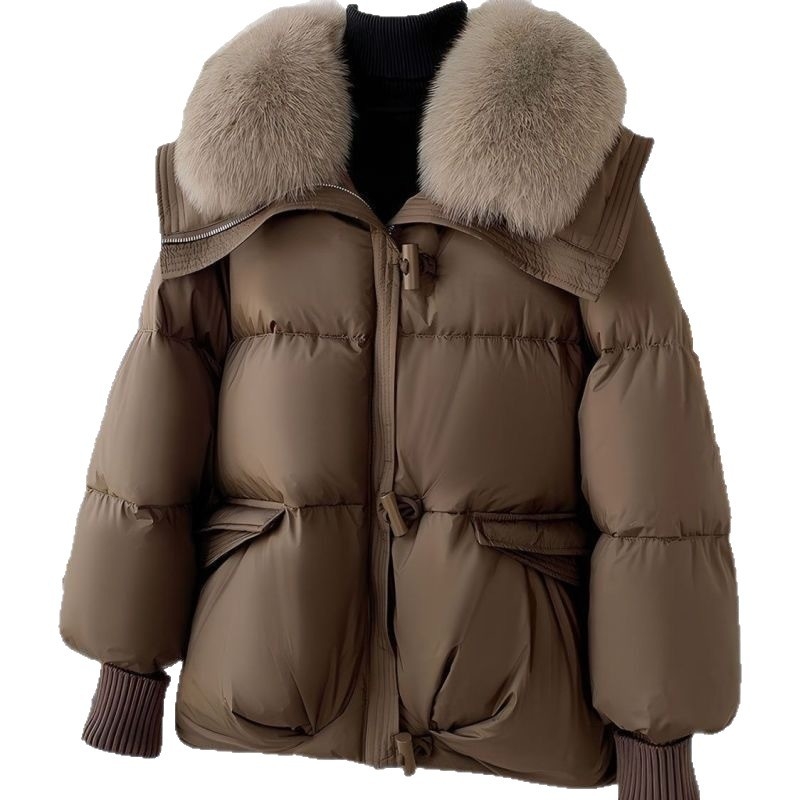 Moteriška žieminė striukė su poliesterio audiniu, imitacinio kailio apykakle, laisvas kirpimas, užtrauktukas