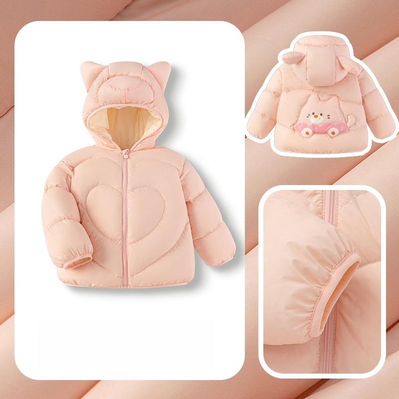 Vaikų pūkinė striukė su gobtuvu, trumpas kirpimas, balto antis pūko užpildas, karikatūros raštas, žiemai