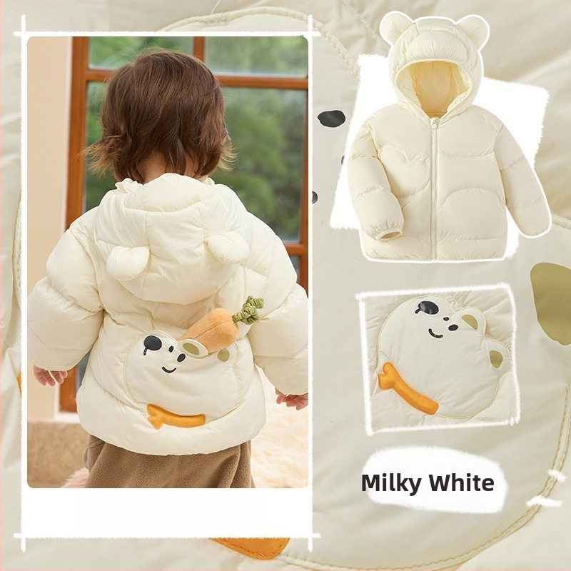 Vaikų pūkinė striukė su gobtuvu, trumpas kirpimas, balto antis pūko užpildas, karikatūros raštas, žiemai