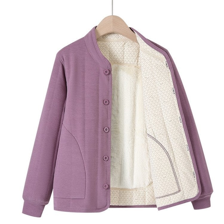 Žieminė moteriška striukė su medvilnės užpildais, stora, laisvas kirpimas, stovinti apykaklė, vienos eilės sagos