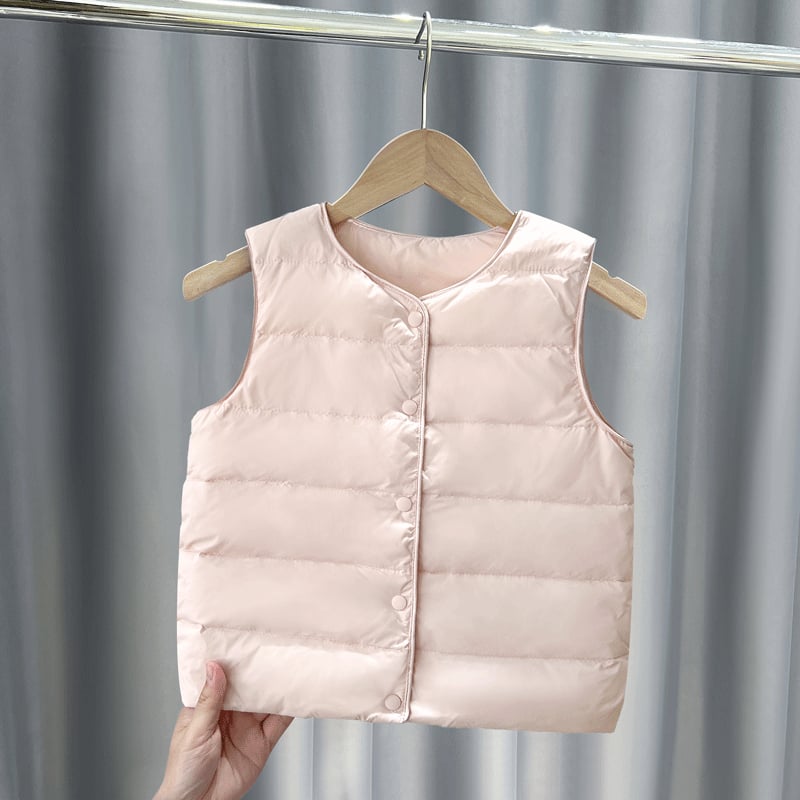 Veste pentru copii, fără mâneci, croială scurtă, căptușeală nylon, 90% puf de rață alb