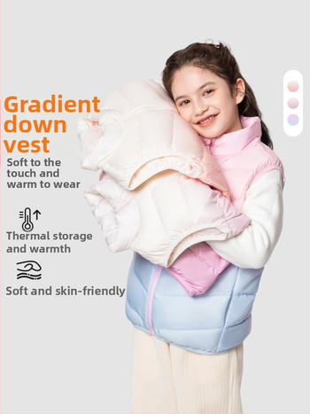 Vesta pentru fete din puf, fără mâneci, toamnă-iarnă, 81–85% puf de rață alb, exterior poliester 100%, căptușeală poliester 100%, lungime medie, fermoar