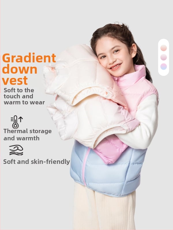 Vesta pentru fete din puf, fără mâneci, toamnă-iarnă, 81–85% puf de rață alb, exterior poliester 100%, căptușeală poliester 100%, lungime medie, fermoar