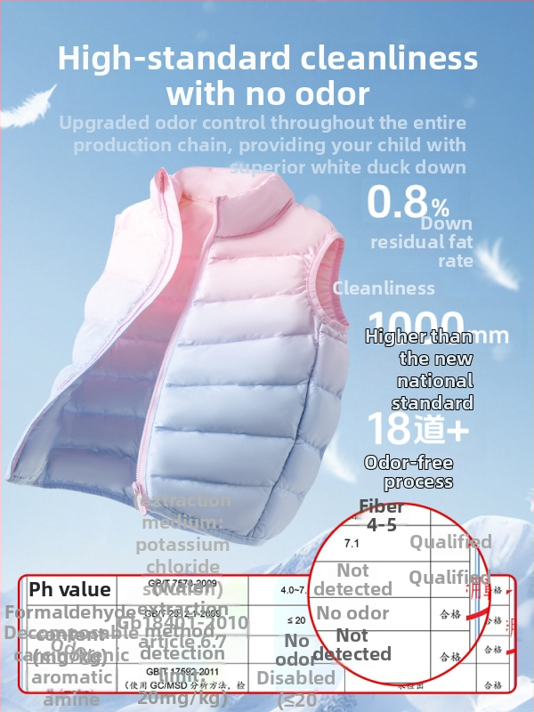 Meitenēm paredzēta pūkaina veste bez piedurknēm, rudens–ziema, 81–85% pīļu pūka, ārējais materiāls 100% poliesters, oderējums 100% poliesters, vidēja garuma, rāvējslēdzējs aizvērums