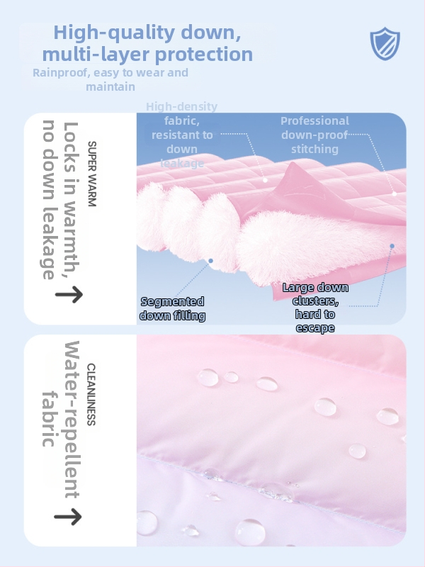 Meitenēm paredzēta pūkaina veste bez piedurknēm, rudens–ziema, 81–85% pīļu pūka, ārējais materiāls 100% poliesters, oderējums 100% poliesters, vidēja garuma, rāvējslēdzējs aizvērums