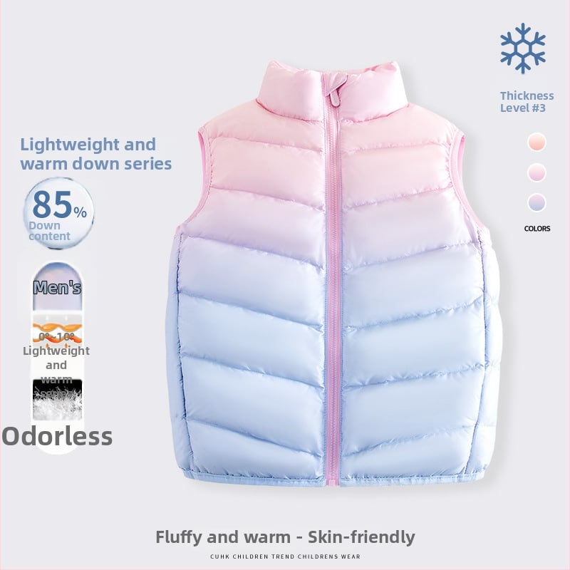 Vesta pentru fete din puf, fără mâneci, toamnă-iarnă, 81–85% puf de rață alb, exterior poliester 100%, căptușeală poliester 100%, lungime medie, fermoar