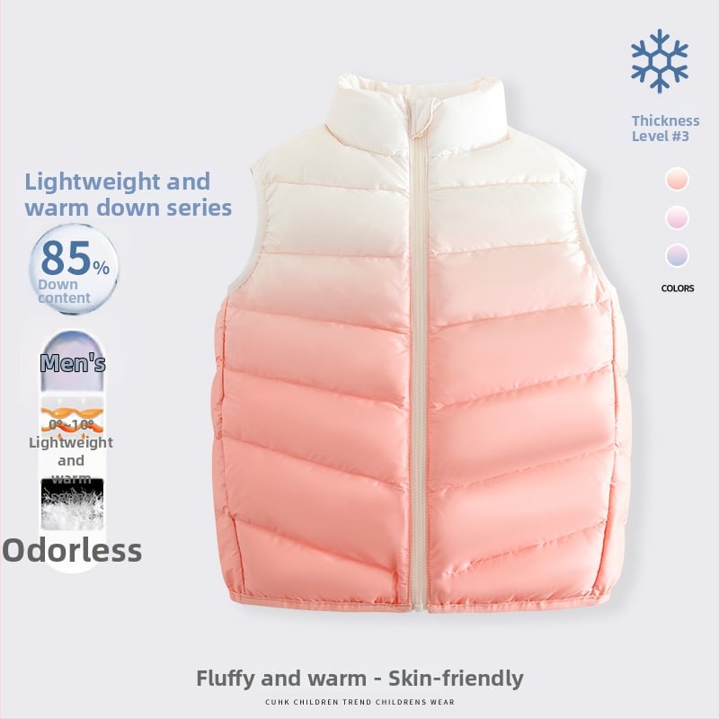 Vesta pentru fete din puf, fără mâneci, toamnă-iarnă, 81–85% puf de rață alb, exterior poliester 100%, căptușeală poliester 100%, lungime medie, fermoar
