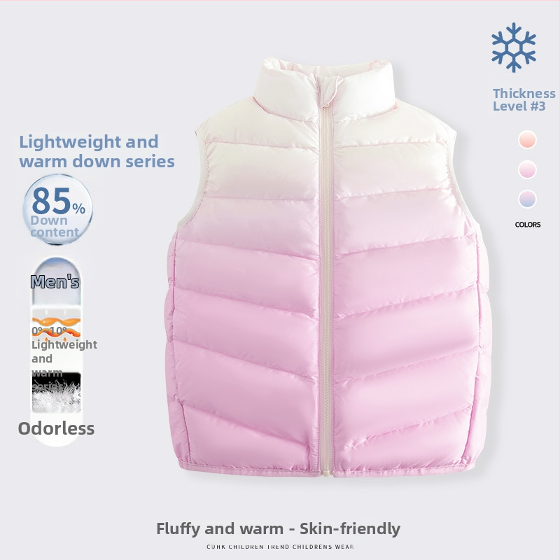 Vesta pentru fete din puf, fără mâneci, toamnă-iarnă, 81–85% puf de rață alb, exterior poliester 100%, căptușeală poliester 100%, lungime medie, fermoar