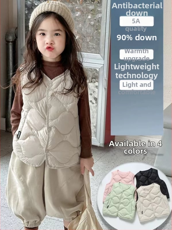 Vesta pentru copii cu puf de rață, fără mâneci, lungime scurtă, croială mulată; umplutură: puf alb de rață 41 g; exterior și căptușeală din poliester; protecție UV; potrivit pentru iarnă, primăvară și toamnă
