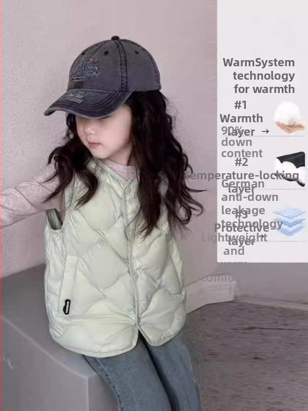 Bērnu dūnu veste, bez piedurknēm, īsa, pieguļošs siluets; pildījums: balta pīļu dūna 41 g; ārējā un iekšējā materiāls no poliestera; UV aizsardzība; piemērots ziemai, pavasarim un rudenim