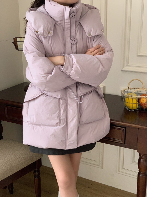Női pehelykabát kapucnival, koreai stílusú, középméretű, vastag, kacsa tolltöltettel, 86–90% tolltartalom, poliészter
