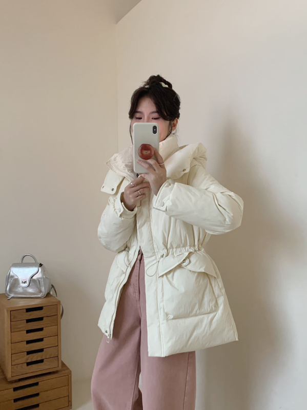 Női pehelykabát kapucnival, koreai stílusú, középméretű, vastag, kacsa tolltöltettel, 86–90% tolltartalom, poliészter