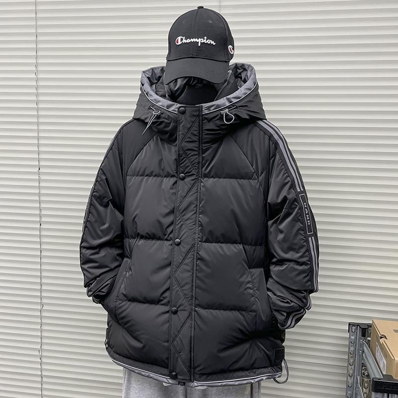 Férfi pehelydzseki, csíkos mintázat, vastag téli, Koreai stílusú bélés, Rövid hosszúság, 50% pehelytöltet