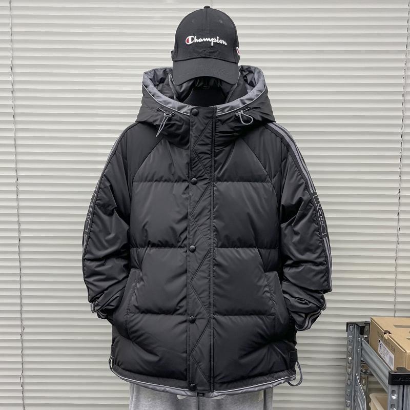 Férfi pehelydzseki, csíkos mintázat, vastag téli, Koreai stílusú bélés, Rövid hosszúság, 50% pehelytöltet