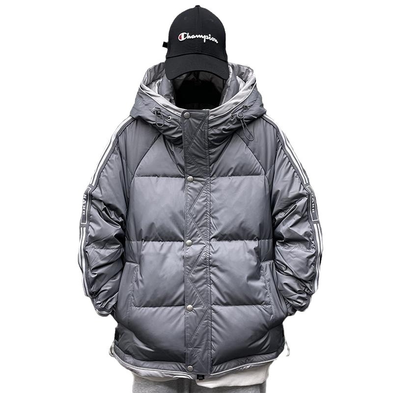 Férfi pehelydzseki, csíkos mintázat, vastag téli, Koreai stílusú bélés, Rövid hosszúság, 50% pehelytöltet