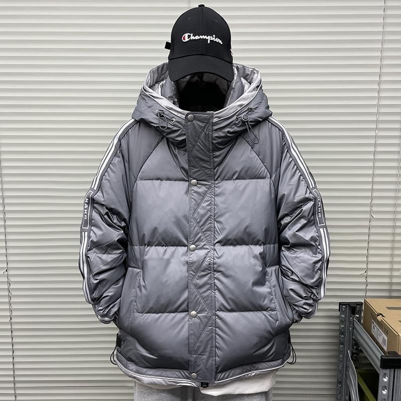 Férfi pehelydzseki, csíkos mintázat, vastag téli, Koreai stílusú bélés, Rövid hosszúság, 50% pehelytöltet