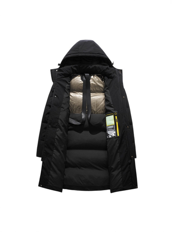 Geacă de iarnă pentru bărbați, lungă, cu glugă, fermoar, umplutură din puf de rață, conținut puf 90–95%, exterior nylon
