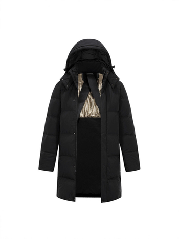 Geacă de iarnă pentru bărbați, lungă, cu glugă, fermoar, umplutură din puf de rață, conținut puf 90–95%, exterior nylon