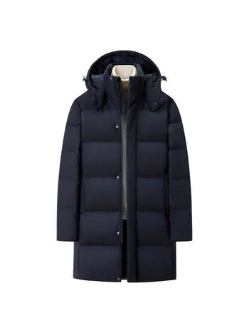 Geacă de iarnă pentru bărbați, lungă, cu glugă, fermoar, umplutură din puf de rață, conținut puf 90–95%, exterior nylon