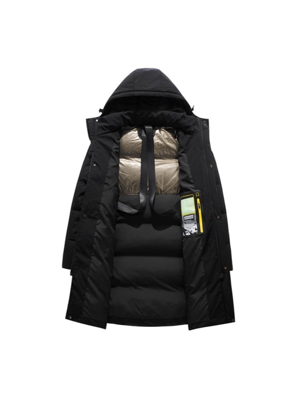 Geacă de iarnă pentru bărbați, lungă, cu glugă, fermoar, umplutură din puf de rață, conținut puf 90–95%, exterior nylon