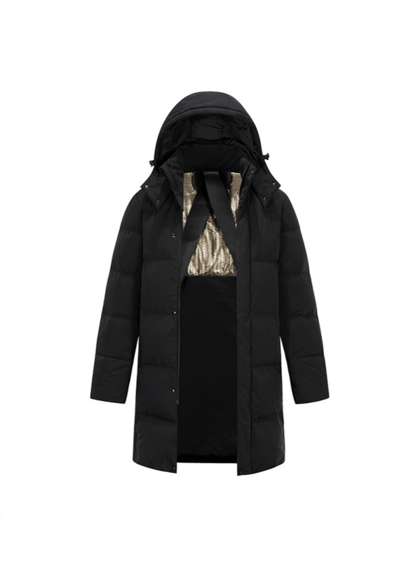 Geacă de iarnă pentru bărbați, lungă, cu glugă, fermoar, umplutură din puf de rață, conținut puf 90–95%, exterior nylon