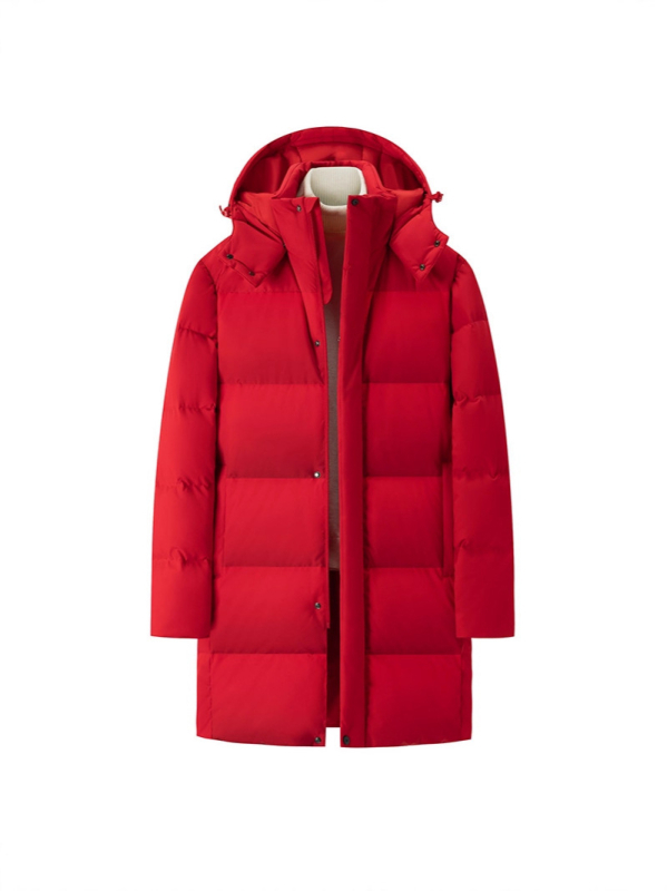 Geacă de iarnă pentru bărbați, lungă, cu glugă, fermoar, umplutură din puf de rață, conținut puf 90–95%, exterior nylon