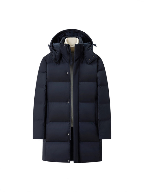 Geacă de iarnă pentru bărbați, lungă, cu glugă, fermoar, umplutură din puf de rață, conținut puf 90–95%, exterior nylon