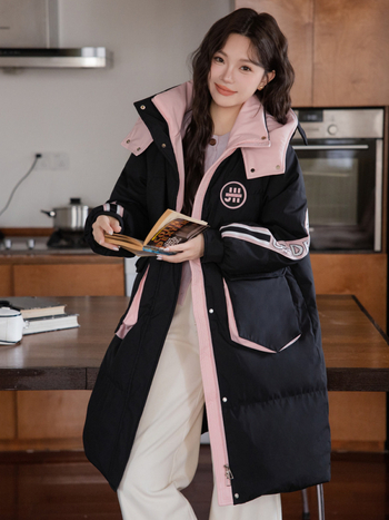 Geacă de puf lungă, cu glugă, umplutură 201–300 g puf, țesătură poliester, fermoar