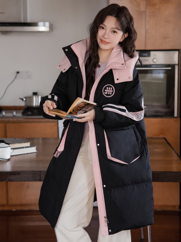 Geacă de puf lungă, cu glugă, umplutură 201–300 g puf, țesătură poliester, fermoar