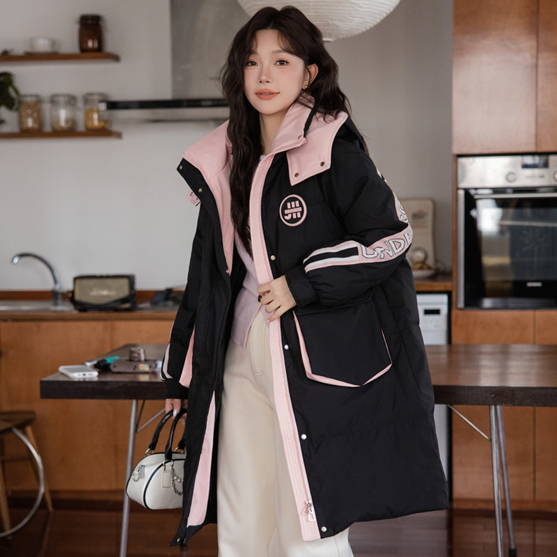 Geacă de puf lungă, cu glugă, umplutură 201–300 g puf, țesătură poliester, fermoar